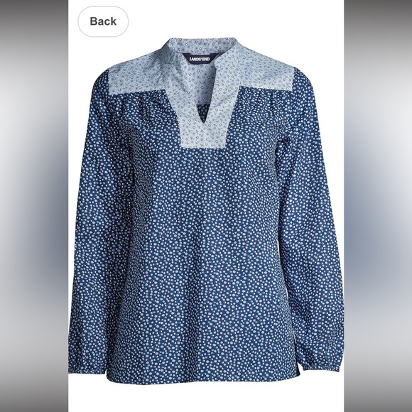 NWOT Lands' End Womens Poplin Peasant Shirt Deep Sea Navy Dot Star - Picture 2 of 5